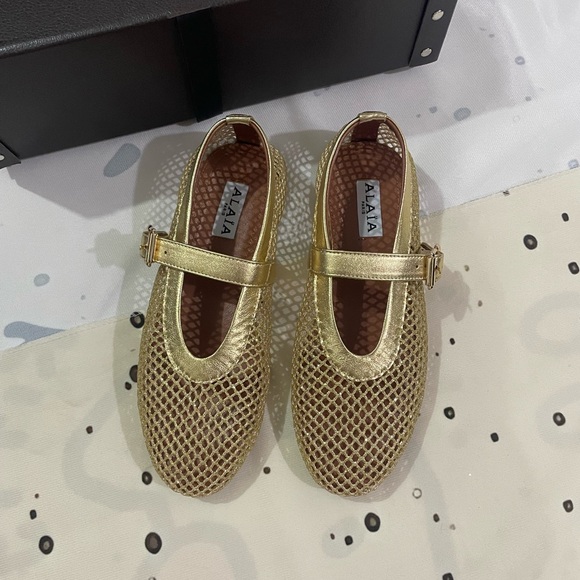 Alaia Shoes - Alaïa Metallic Gold Mesh Mary Jane Shoes